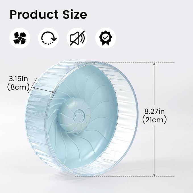 Silent Hamster Wheel, 8in Hamster Wheel No Stand, Double-Bearing Quiet Spinner for Syrian Hamsters, Hedgehogs, Mice & Small Pets, Blue