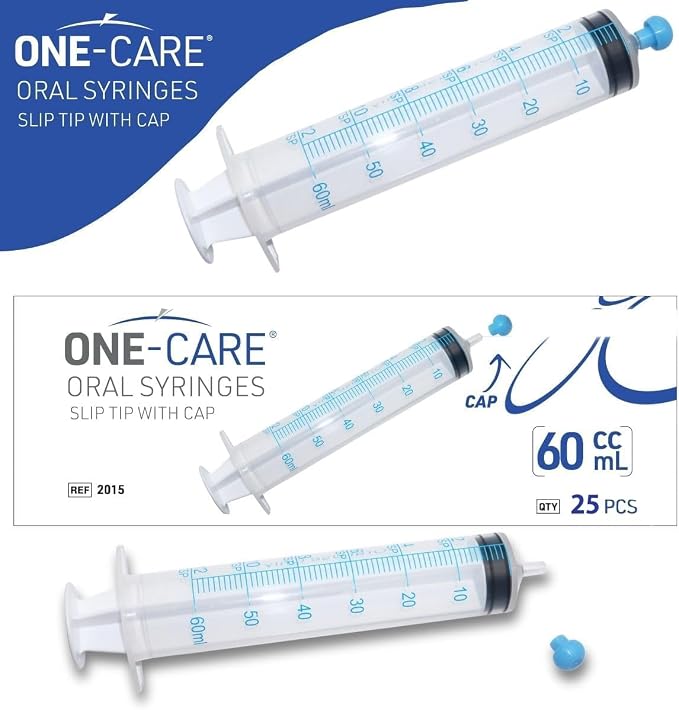 ONE-CARE 60ml Oral Syringe with Cap - Sterile, Individually Wrapped - 25 Syringes/box (25 Pack), Slip Tip, Syringe for Liquid, Versatiie use