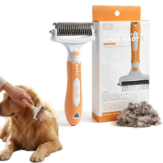Pet Pro Grooming Tool, Deshedding Dog Brush, Double Sided Deshedding Brush for Dogs & Cats, Undercoat Rake and Dematting Comb for Removing Loose Hair (Orange)