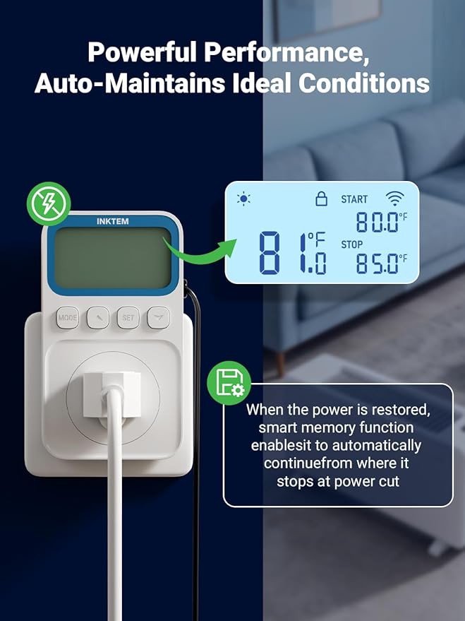 WiFi Plug in Thermostat Outlet, Temperature Controlled Outlet with Smart APP, Timer & Memory Digital Temp Controller -40~212℉, IP67 Waterproof Probe for Incubator Homebrew Reptile Space Heater | 16A