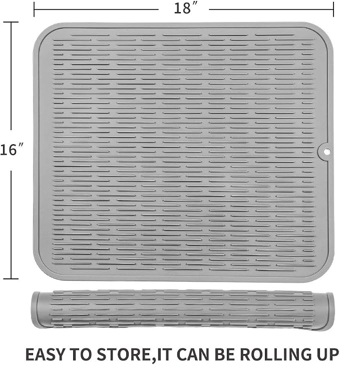 MicoYang Silicone Dish Drying Mat for Multiple Usage,Easy clean,Eco-friendly,Heat-resistant Silicone Mat for Kitchen Counter or Sink,Refrigerator or Drawer Liner Grey XL 18 inches x 16 inches