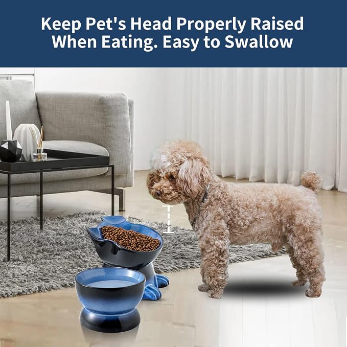 Nihow Dog Food & Water Bowl Set: Elevated Ceramic Dog Bowls for Medium/Small Size- Food Safe Raised Puppy Bowls - Vivid Blue Pet Bowl for Protecting Pet's Spine (Set of 2)