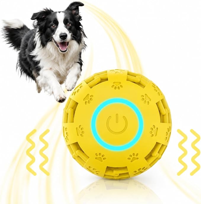 Interactive Dog Toy Ball, Durable Motion Activated Automatic Moving Ball for Small/Medium/Large Dogs, Rechargeable Dog Treat Ball with LED Lights, 2 Play Modes to Keep Your Dog Busy (Yellow)