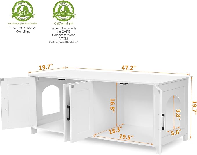 Homhedy Cat Litter Box Enclosure for 2 Cats, Litter Box Furniture Hidden with Double Room,Wooden Cat Washroom Furniture,Cat House,47.2”L x 19.7”W x 19.7”H,White