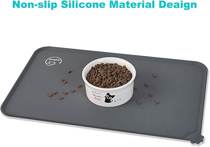 Silicone Waterproof Dog Cat Pet Feeding Mats, Non Slip, Easy Clean Pet Dog Cat Bowl Mats Placemat (24" x 16") Grey