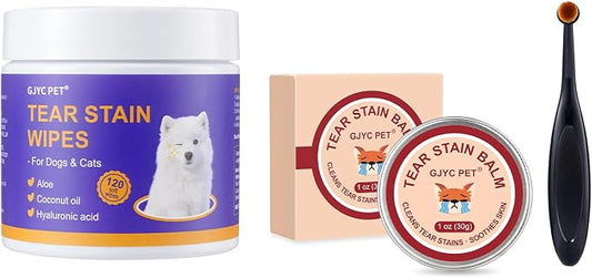 2-in-1 Tear Stain Remover Kit for Dogs & Cats – Natural Eye Wipes (120 Count) & Gentle Stain Remover Balm (1 oz) with Brush – Complete Eye Care for Stains, Odors & Folds