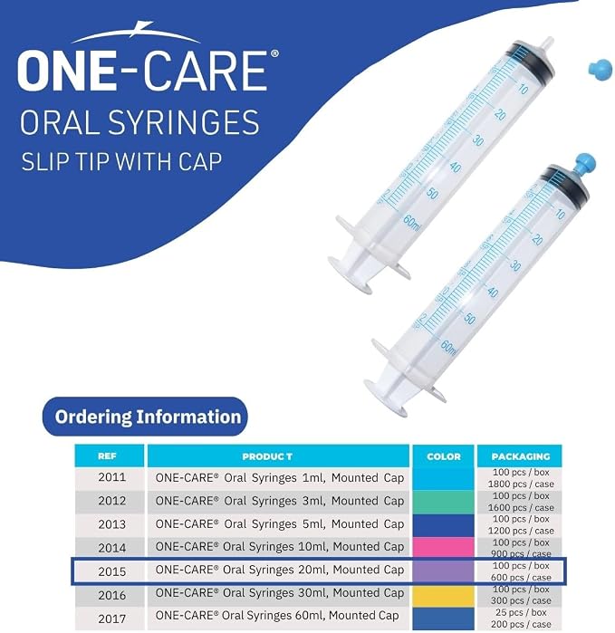 ONE-CARE 60ml Oral Syringe with Cap - Sterile, Individually Wrapped - 25 Syringes/box (25 Pack), Slip Tip, Syringe for Liquid, Versatiie use