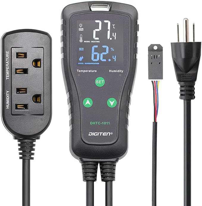 Temperature and Humidity ControllerPlug-in Thermostat Humidistat Reptile Greenhouse,Dual Stage Pre-Wired Outlet 110V 10A