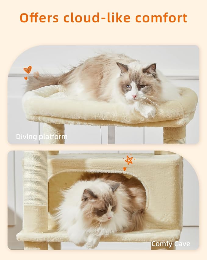 Taoqimiao Cat Tree,49-Inch Cat Tower for Indoor Cats,2 Luxurious cat condo with Adjustable Large Hanging Baskets and Large Luxurious Perch Beige MS029LM