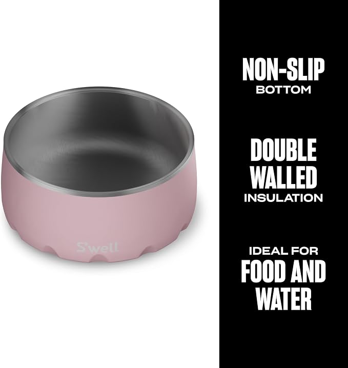 S'well Stainless Steel Pet Bowl, 32oz, Pink Topaz, for Small to Medium Size Dogs, Mess Free Design with Non Slip Rubber Bottom, Dishwasher Safe, BPA Free