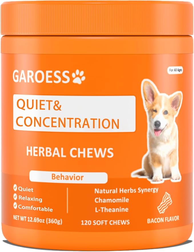 Quiet & Concentration Herbal Chews for Dogs, Behavior Support Supplement with Chamomile, L-Theanine, Valerian Root, ashwagandha, Bacon Flavor, Large container-120 Soft Chews, 12.69 oz (1)