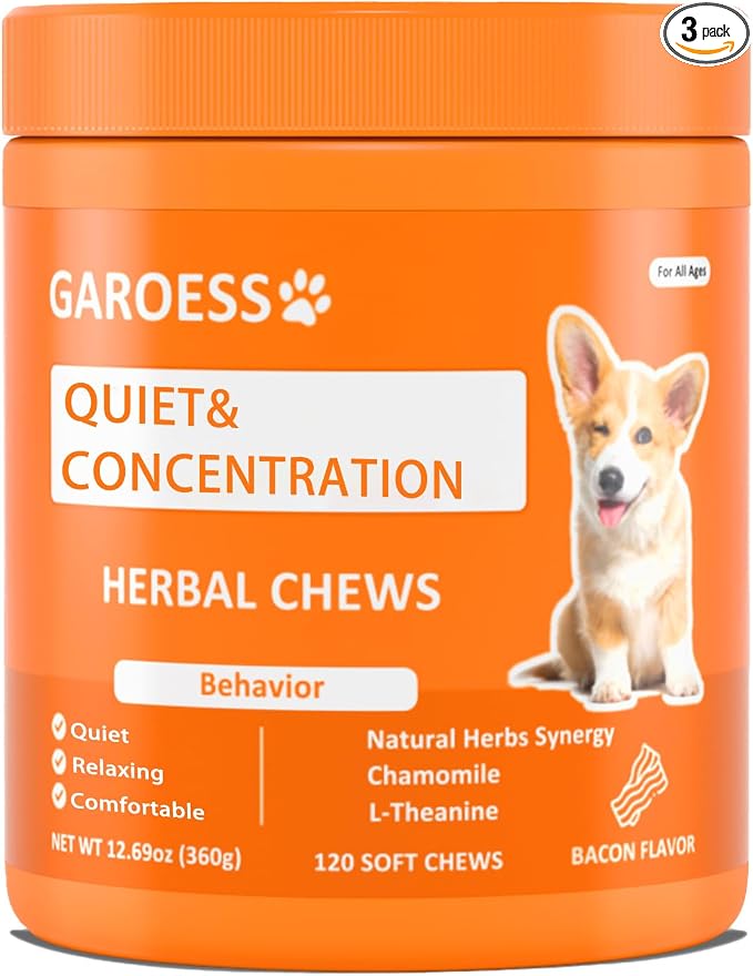 Quiet & Concentration Herbal Chews for Dogs, Behavior Support Supplement with Chamomile, L-Theanine, Valerian Root, ashwagandha, Bacon Flavor, Large container-120 Soft Chews, 12.69 oz (3)