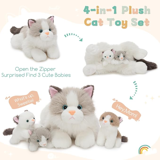 Tezituor Ragdoll Cat Stuffed Animals with Babies, 20 inch Large Realistic Stuffed Cat with 4 Cute Kittens, Soft White Ragdoll Cat Plush Pillow for Boys Girls