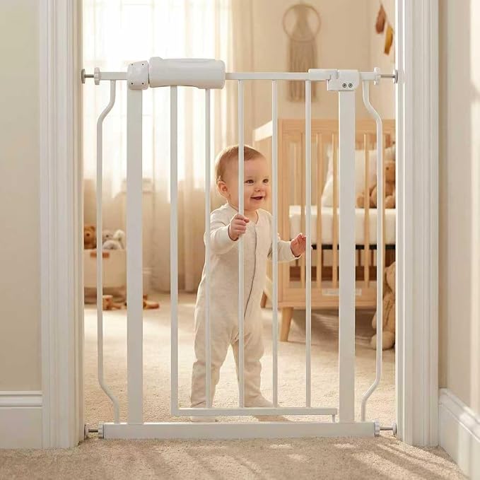 24-27 Inch Narrow Baby Gate, Tension Pet Dog Gates Indoor for Stairs Doorways, White Metal Safety Gate Indoor for Kids and Pets