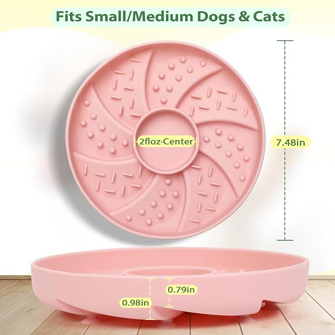 Silicone Dog & Cat Slow Feeder Bowl Lick Mat with Strong Suction Cups, Anti-Spill Design, Multi-Textured, Extend Mealtime, Reduce Anxiety, Dishwasher Safe, All Breeds & Ages (Pink)