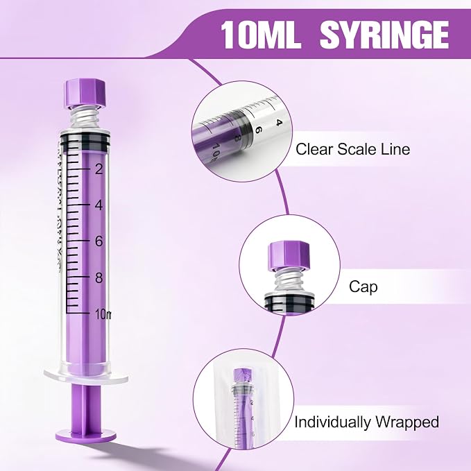 10ml Syringe with Cap, 10cc Plastic Syringes for Liquid, Feeding, Individually Wrapped 50 Pack