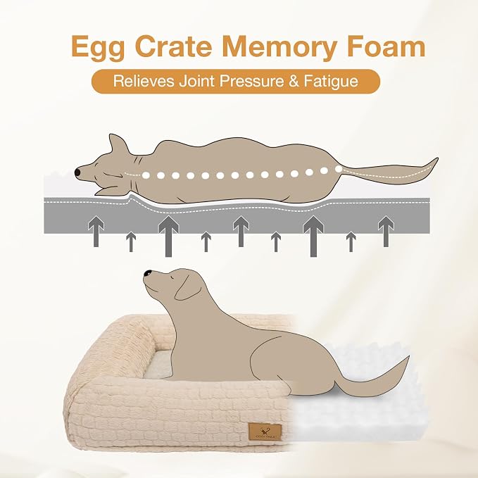 Plush Orthopedic Dog Bed for Medium Large Dogs, Memory Foam Bolster Sofa Bed with Removable Washable Cover, Waterproof Lining & Non-Slip Bottom (Tan-L)