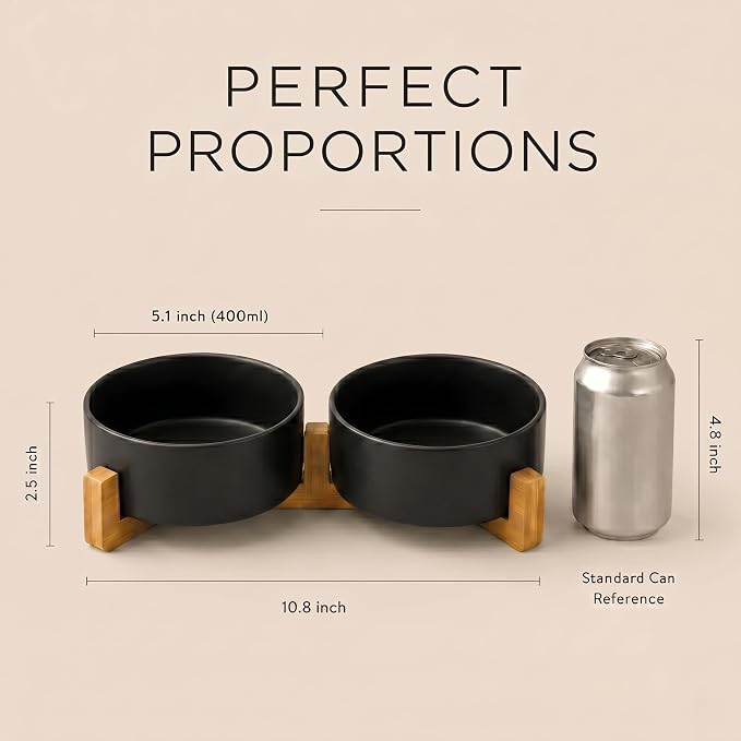 SPUNKYJUNKY Ceramic Dog and Cat Bowl Set with Wooden Stand, Modern Cute Weighted Food Water Set for Small Size Dogs (13.5OZ) & Medium Sized Dogs (28.7OZ) & Cats (1.7 Cups, 2 × Black)