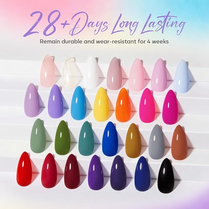 modelones 32 PCS Gel Nail Polish Set, 28 Colors Summer Gel Polish with No Wipe Base Coat, Glitter & Glossy & Matte Top Coat Red Nude Purple Green Soak Off LED Nail Art Kit Salon at Home