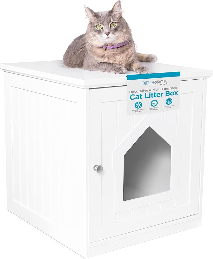 BIRDROCK HOME Cat Litter Box Furniture Enclosure - Hidden Kitty Litter Cat House with Hinged Door, Nightstand, Side Table & Pet Crate, Indoor & Outdoor Wood Cabinet for Small Cats and Dogs - White