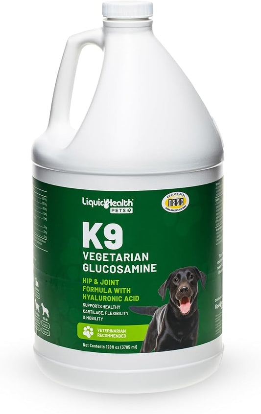 LIQUIDHEALTH 128 Oz K9 Vegetarian Liquid Glucosamine for All Dogs Canines - Chondroitin, MSM, Omega 3, Anti Oxidants Hyaluronic Acid – Joint Health, Dog Vitamins Hip Joint Juice, Joint Oil - 1 Gallon