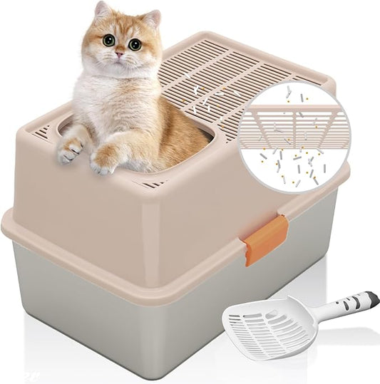 MEEXPAWS Stainless Steel Cat Litter Box Top Entry XL Large with Lid, 8'' High Side Metal Cat Litter Box for Big Cats, Top Cover with Slot, Non-Stick, Easy Clean, Include Litter Scoop