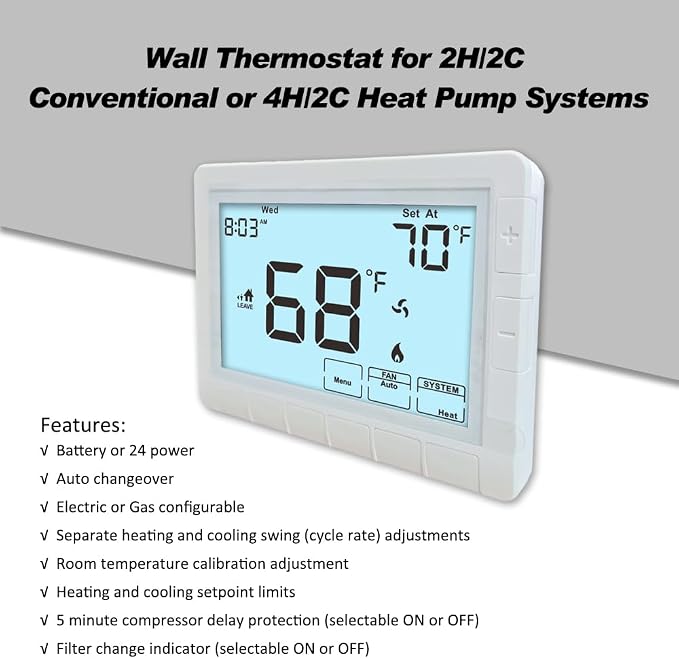 Programmable Thermostat for Home,Auto Changeover Heat Pump Thermostat for Multi-Stage,2 Heat/2 Cool or 4 Heat/2 Cool, Ultimate Comfort,Extra Large Display,White Backlight