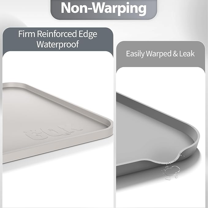 Silicone Dog & Cat Food Mat with Raised Edge, 24"x16" Extra Thick Waterproof Non-Slip Pet Feeding for Food and Water Bowls, Spill Proof Mat to Protect Floors, BPA Free Dishwasher-Safe,Beige Gray