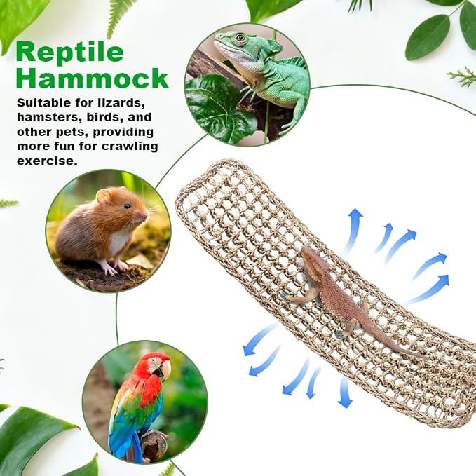 Bearded Dragon Hammock 2 Pcs Large Lizard Reptile Hammock in Seagrass Climbing Fiber Habitat Tank Accessories Jungle Toys for Lizard, Leopard, Gecko, Snake, Iguana, Amphibian