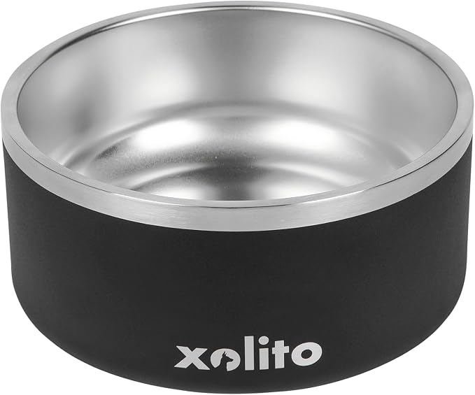 Xolito Pets Stainless Steel Dog Bowl 64 oz - Non-Slip Insulated Water Bowl for Large Dogs - Heavy Duty Double Wall Metal Feeder for Food & Water, Dishwasher Safe (Black)