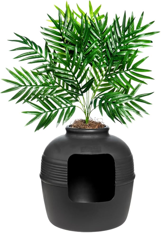 Good Pet Stuff Original Hidden Litter Box Planter, Decorative Cat Litter Enclosure, Carbon Filter, Faux Plant, Round Design, Easy to Clean, Base Kit, Palm Plant, Charcoal Black
