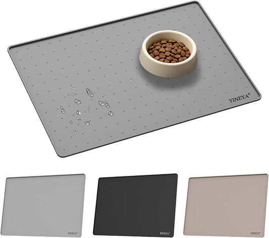 YINEYA Silicone Dog & Cat Food Mat Waterproof 18" x 12", Raised Edge Dog Bowl Mat for Food and Water, BPA-Free Non-Slip Pet Feeding Mats for Floors, Multifunctional Silicone Mat (Gray)