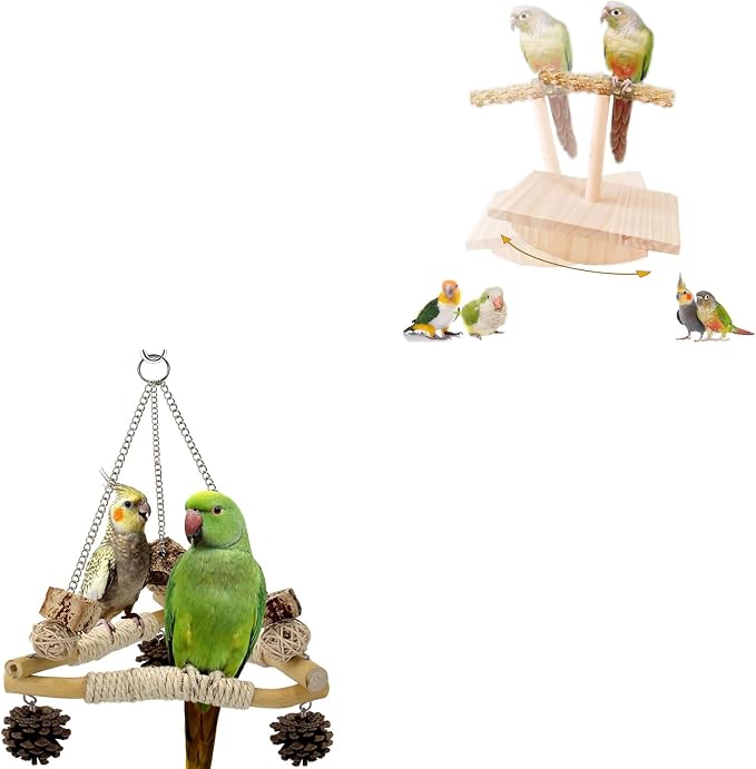 Natural Wood Bird Perch Stand & Large Bird Swing with Chew Toys, Intelligence Puzzle Platform and 3 Sisal-Wrapped Perches for Conure Cockatiel