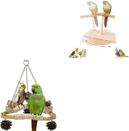 Natural Wood Bird Perch Stand & Large Bird Swing with Chew Toys, Intelligence Puzzle Platform and 3 Sisal-Wrapped Perches for Conure Cockatiel
