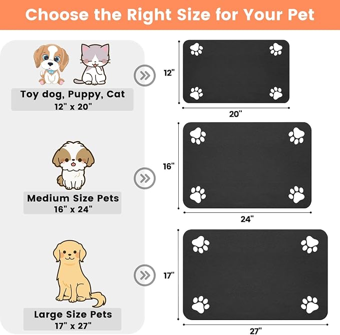 Pet Feeding Mat-Absorbent Pet Placemat for Food and Water Bowl, with Waterproof Rubber Backing, Quick Dry Water Dispenser Mat for Dog and Cat (24"x16", Black)