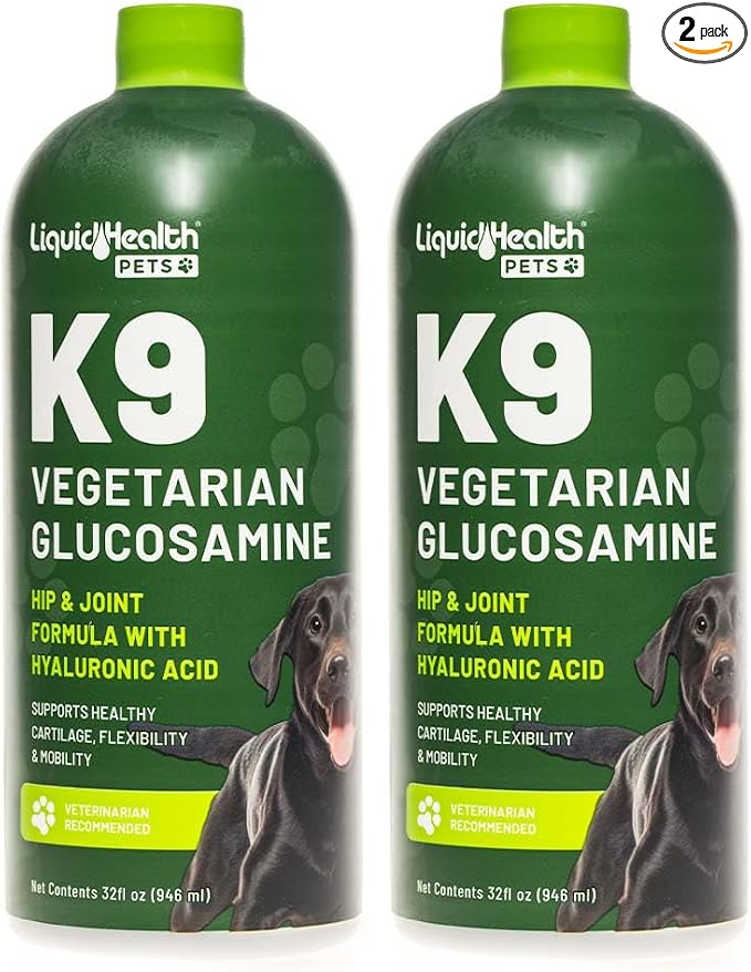 LIQUIDHEALTH Pets K9 Vegetarian Liquid Glucosamine Juice for All Dogs Canines with Chondroitin, MSM, Omega 3, Antioxidants, Hyaluronic Acid - Dog Vitamin Oil for Hip & Joint Health - USA Made (2 Pack)