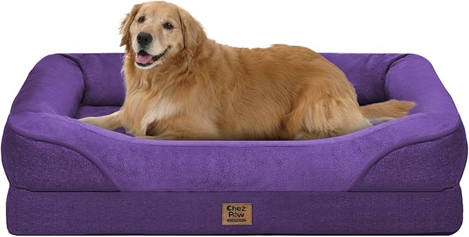 Chez Paw Large Orthopedic Dog Bed for Extra Large Dogs, Waterproof XL Egg-Crate Foam Dog Bed with Removable Washable Cover & Non-Slip Bottom, 4-Sided Bolster Support, Purple 42"x30"x7.5"
