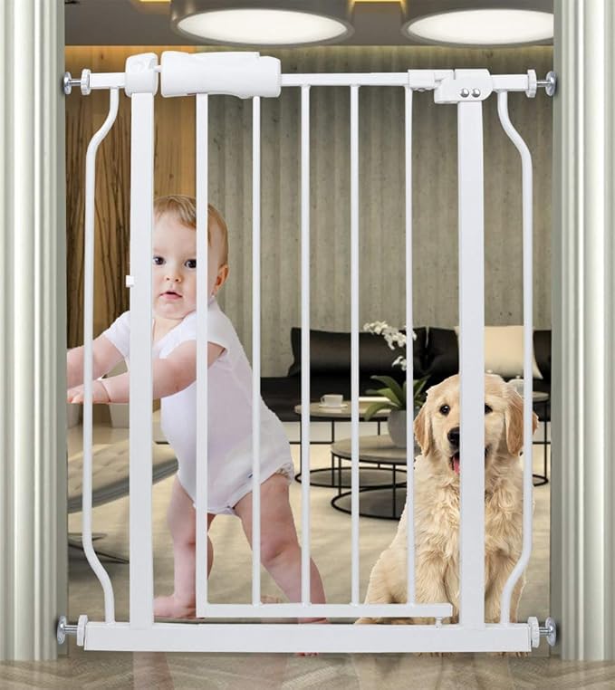 Small Narrow Baby Gate for Stairs Doorways Hallways 24 Inch to 29 Inch Wide Pressure Mounted Baby Gate Walk Through Child Gates for Kids or Pets Indoor Safety Gates