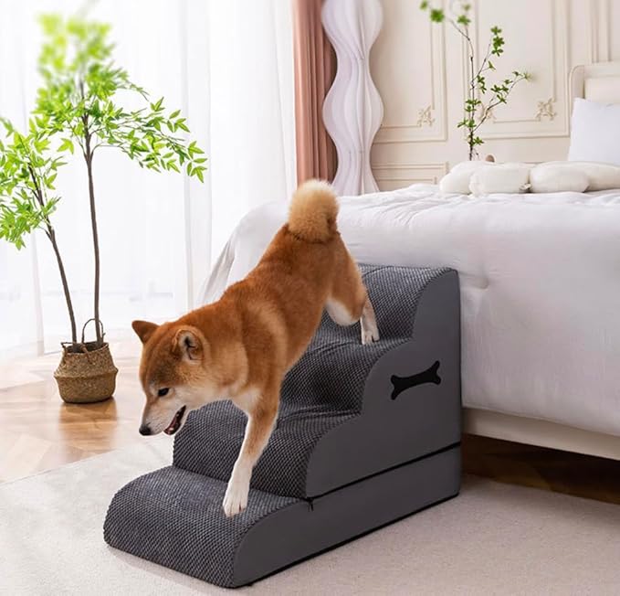 4-Step Dog Stairs for Bed – Non-Slip Foam Pet Steps for Small & Large Dogs, Stable Dog Steps for Couch & High Beds, Ramp Alternative for Senior Dogs & Cats, Grey