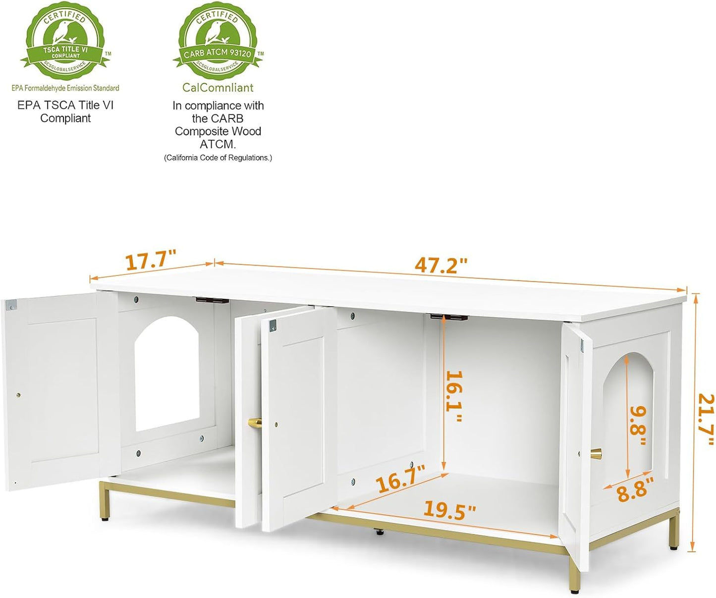 Homhedy Cat Litter Box Enclosure for 2 Cats, Cat Washroom Furniture with Double Room, Pet House with Metal Frame, 47.2”L x 17.7”W x 21.7”H, White and Gold