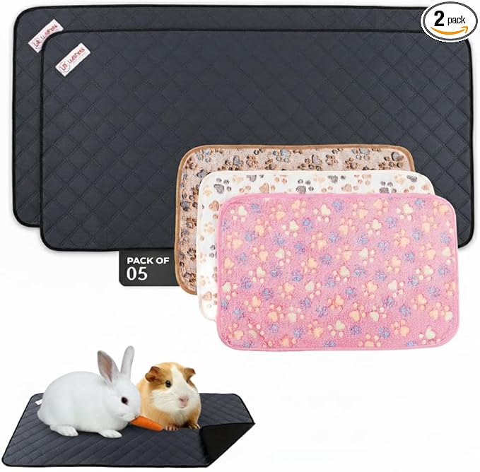 LUFTPETS Reusable Guinea Pig Cage Liners 5 Pcs - 2 Washable C&C 2x4 Pee Pads 57”x28” + 3 Soft Bunny Fleece Blankets 24”x16”, Waterproof Rabbit Bedding with Odor Control, Absorbent Mats for Small Pets