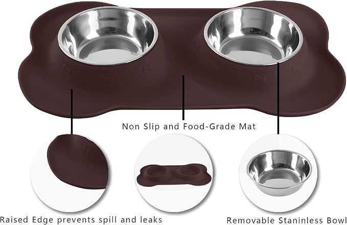 Hubulk Pet Dog Bowls 2 Stainless Steel Dog Bowl with No Spill Non-Skid Silicone Mat + Pet Food Scoop Water and Food Feeder Bowls for Feeding Small Medium Large Dogs Cats Puppies (Medium, Chocolate)