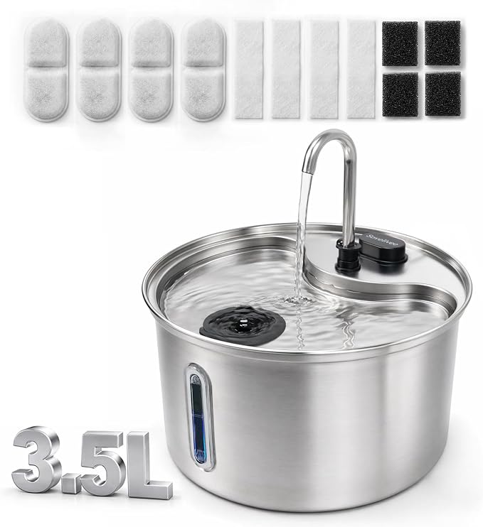 304 Stainless Steel Cat Water Fountain, 118oz/3.5L Cat Fountain with Ultra-Quiet Pump, Water Level Window, Smart Pump Protection, Automatic Cat Water Dispenser Includes 4 Replacement Filters