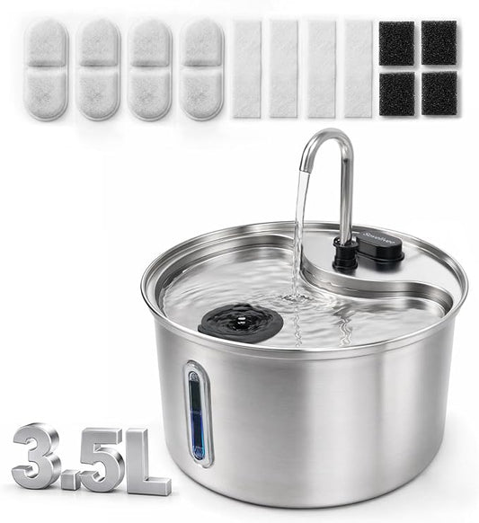 304 Stainless Steel Cat Water Fountain, 118oz/3.5L Cat Fountain with Ultra-Quiet Pump, Water Level Window, Smart Pump Protection, Automatic Cat Water Dispenser Includes 4 Replacement Filters