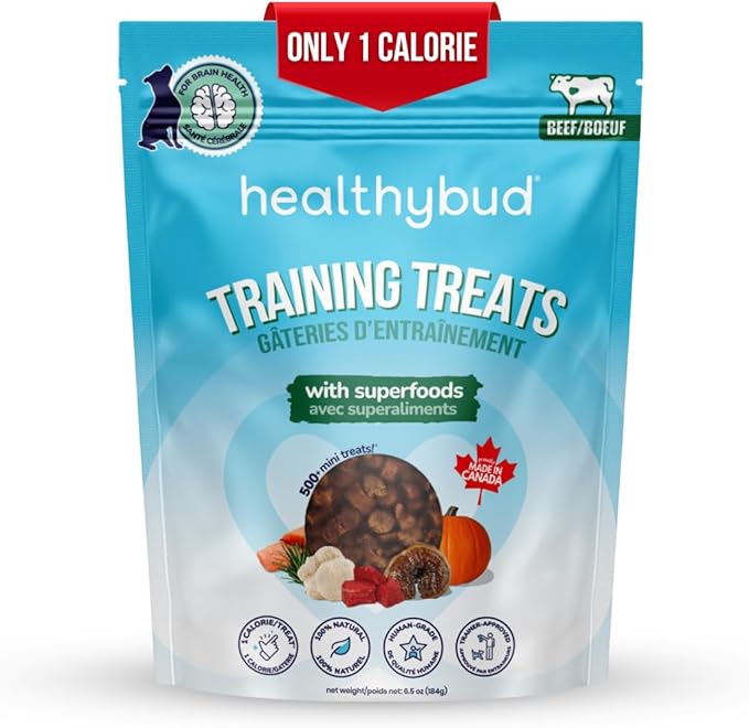 healthybud Mini Dog Training Treats - Beef Liver Soft Trainer Bites, 500+ Bits, 1 kCal per Bite, 6.5oz, Reishi, Lion’s Mane, Salmon Oil, Puppy Chews (Beef)