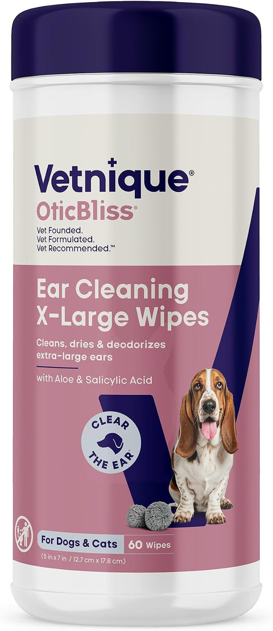 Vetnique Oticbliss Dog Ear Wipes, Cat & Dog Ear Cleaner & Deodorizing Wipes for Dogs, Cats, Puppies & Kittens, Vet Formulated Remove Ear Wax, Dirt & Odor Aloe for Itchy, Smelly Ears (XL Ear Wipes)