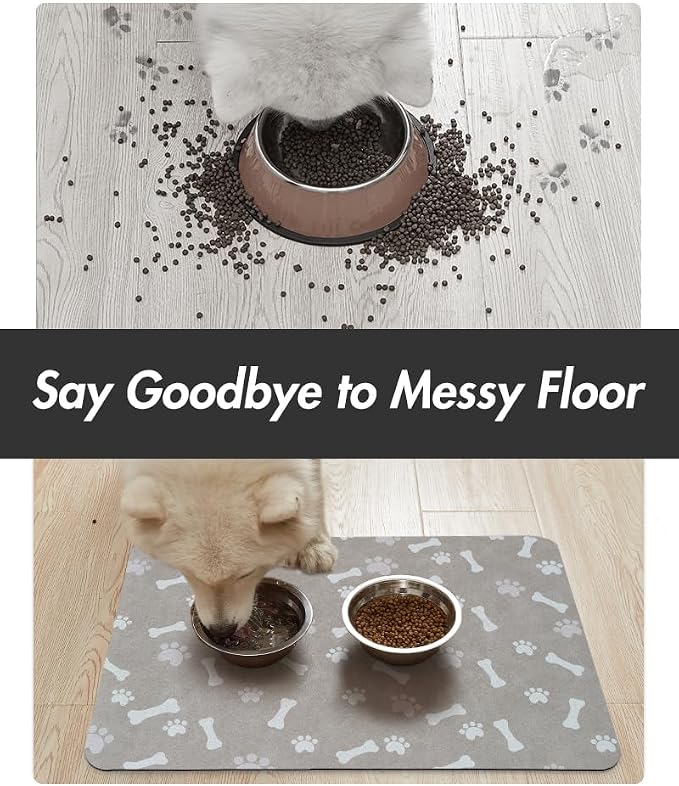 MontVoo Dog Food Mat-Pet Feeding Mat for Food and Water-No Stains Quick Dry Dispenser Cat Bowl Mat for Messy Drinkers(12"X19" Grey)