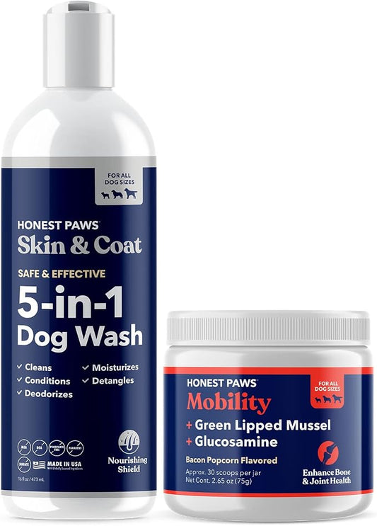 Honest Paws 5-in-1 Oatmeal Dog Shampoo and Conditioner + Mobility Supplement Discounted Bundle Happy Pet Suppliers