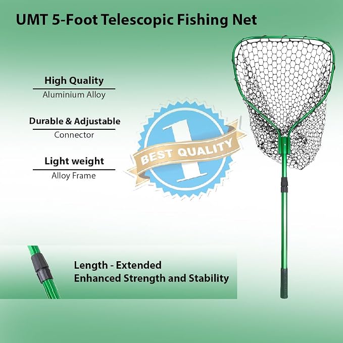 UMT Telescopic Fishing Landing Net (3.6–5 ft) — 17" x 19" Large Hoop, 21" Deep Silicone Rubber Mesh, for Freshwater & Saltwater, Green