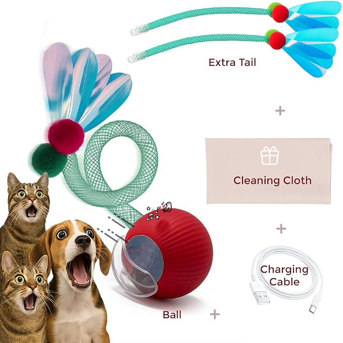 Cat Toys for Indoor Cats – Automatic Kitten Interactive Toy with Speedy Ball Tail as Pet Mental Stimulation - Kittens Small Dogs and Bored Adult Dog Balls to Keep Them Busy as Enrichment - Red